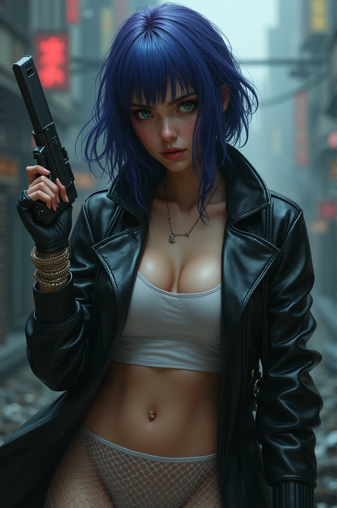 30 yo,realistic hardboiled woman ,blue-purple hair,Scarlett Johansson　in Ghost in the Shell,Public Security,(1 girl),realistic ghost in the shell with guns,Wearing a white Fishnet tights and long trench leather coat,(beautiful eyes:1.2),(beautiful face:1.3),(detailed face:1.3),(smile),(muscular:1.1),(sensual:1.3),(thick thighs:1.2),(Body moistened with sweat),(background is black:1.5),(blur background:1.2),(master piece,highest quality,ultra high resolution,Super detailed,8K),wallpaper,The background is Cyberpunk City