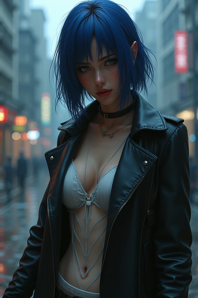 30 yo,realistic hardboiled woman ,blue-purple hair,Scarlett Johansson in Ghost in the Shell,Public Security,(1 girl),realistic ghost in the shell with guns,Wearing a white Fishnet tights and long trench leather coat,(beautiful eyes:1.2),(beautiful face:1.3),(detailed face:1.3),(smile),(muscular:1.1),(sensual:1.3),(thick thighs:1.2),(Body moistened with sweat),(background is black:1.5),(blur background:1.2),(master piece,highest quality,ultra high resolution,Super detailed,8K),wallpaper,The background is Cyberpunk City