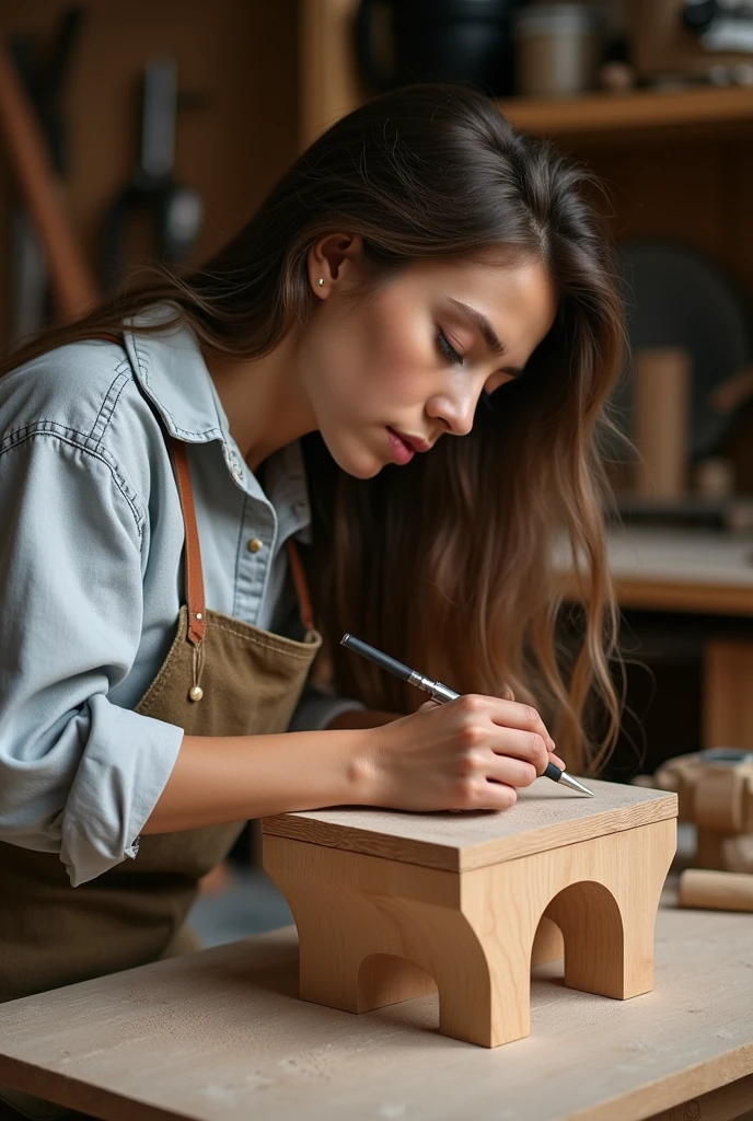 A age craftswoman making a somewhat realistic wooden piece of furniture without glasses Uruguayan woman