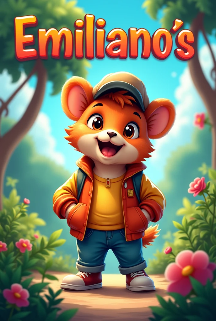 Create a flipbook cover Add Emiliano's name to the cover (name that appears on the cover) at the top center of title.
adding a domestic or jungle animal that is animated with clothes but is not fictional and is colorful.