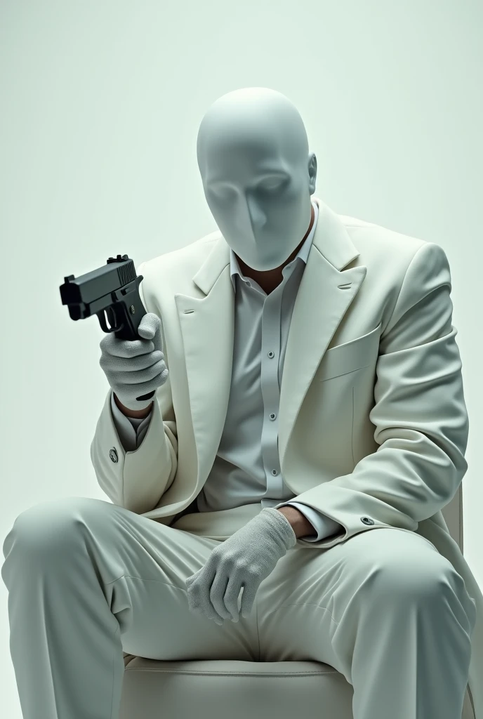 A man holding a gun Wearing white blazer, white pant and white mask sitting on chair