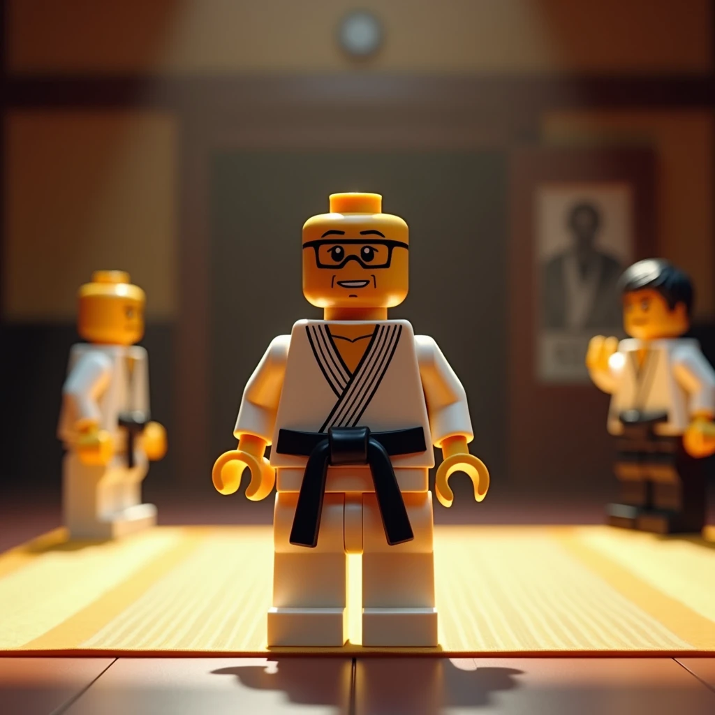 Create a lego doll standing in a judo dojo, with dark skin color and wearing black glasses. He is bald and is dressed in a white judo kimono and a black belt, He is standing on the mat, with his arms half open and his hands positioned in front of his body, illuminated dojo, well-lit environment, students in the background, and on the wall a photo of the master jigoro kano