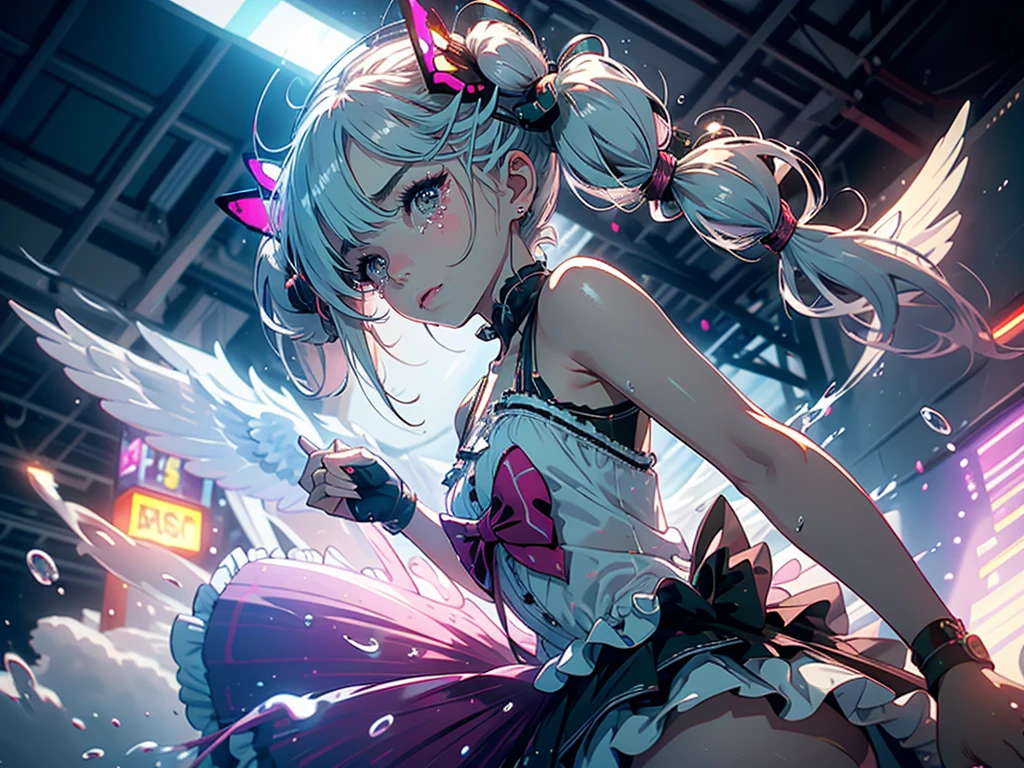 Hair shaking, victory, Long eyelashes, Solid round eye, A faint smile, ear blush, direction, (White hair), cosmetic, blush, sad, sad smile, shadow, Relief, Atmospheric perspective, 8K, Super Detail, precise, best quality, (Cyberpunk), Movie Lighting, masterpiece,(1 Girl), ((((Short twin tails)))), Colorful hair, flight, Pink bow,((Female Model)), (Angel Halo), ((( wing ))), bold, striking, fashionable, panoramic, Eye level shot, tiling from below,, (((Lolita dress))), (((Wide-angle lens))), (((( Splash of Color )))),8k,Ultra-clear