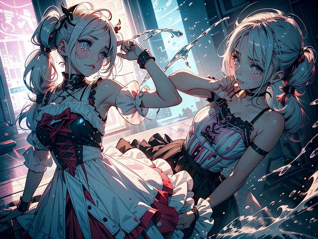 Hair shaking, victory, Long eyelashes, Solid round eye, A faint smile, ear blush, direction, (White hair), cosmetic, blush, sad, sad smile, shadow, Relief, Atmospheric perspective, 8K, Super Detail, precise, best quality, (Cyberpunk), Movie Lighting, masterpiece,(1 Girl), ((((Short twin tails)))), Colorful hair, flight, Pink bow,((Female Model)), (Angel Halo), ((( wing ))), bold, striking, fashionable, panoramic, Eye level shot, tiling from below,, (((Lolita dress))), (((Wide-angle lens))), (((( Splash of Color )))),8k,Ultra-clear