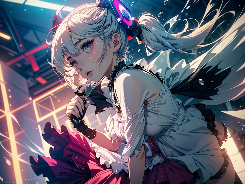 Hair shaking, victory, Long eyelashes, Solid round eye, A faint smile, ear blush, direction, (White hair), cosmetic, blush, sad, sad smile, shadow, Relief, Atmospheric perspective, 8K, Super Detail, precise, best quality, (Cyberpunk), Movie Lighting, masterpiece,(1 Girl), ((((Short twin tails)))), Colorful hair, flight, Pink bow,((Female Model)), (Angel Halo), ((( wing ))), bold, striking, fashionable, panoramic, Eye level shot, tiling from below,, (((Lolita dress))), (((Wide-angle lens))), (((( Splash of Color )))),8k,Ultra-clear
