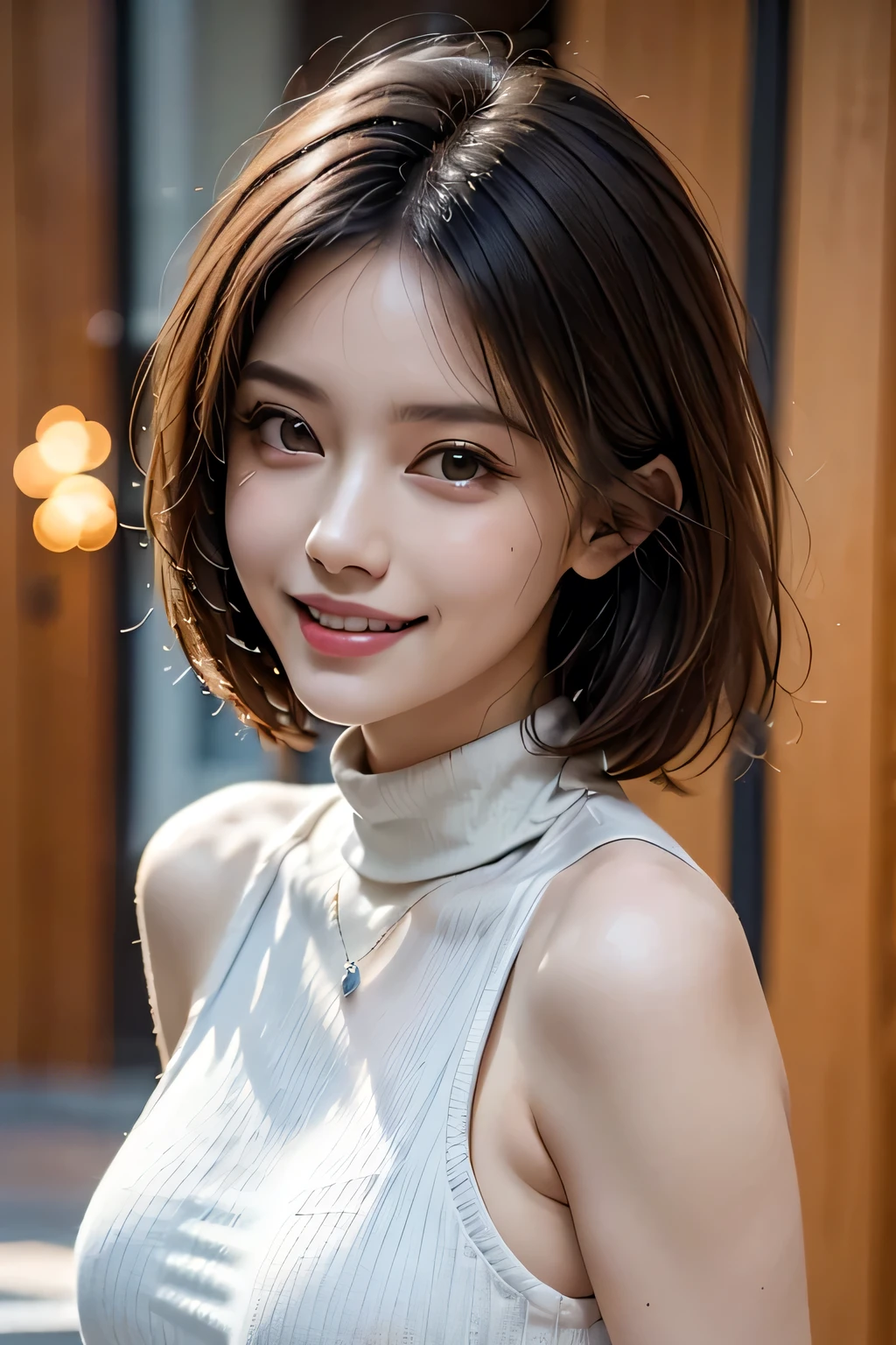 (UHigh resolution, retina, masterpiece, Accurate, Anatomically correct, Textured skin, Super Detail, Attention to detail, high quality, 最high quality, High resolution, 1080P, High resolution, 4K, 8k, 16K), (美しいAttention to detail目, Beautiful lip detail, Highly detailed eyes and face), Studio Lighting, Physically Based Rendering, Brightly colored boobs, Super big breasts, super extra big , Glamorous Body), (White turtleneck knit), (Portraiture, Bowl Cut, Shiny Hair, Glowing Skin), (Bokeh), (incline one's head to the side:1.5), Eye Reflexes, Jet Black Hair, Distinctive large, narrow eyes, Snow-like skin, Pink Lips, Rosy Cheeks, Large Breasts, A charming smile that captivates everyone who sees it, and the intelligent brain,
