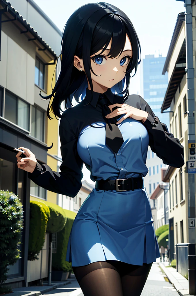 ((best quality)), ((masterpiece)), (detailed), perfect face Make a woman, black hair, blue eyes with a pencil skirt raised at the waist with torn black pantyhose so that her pussy can be seen