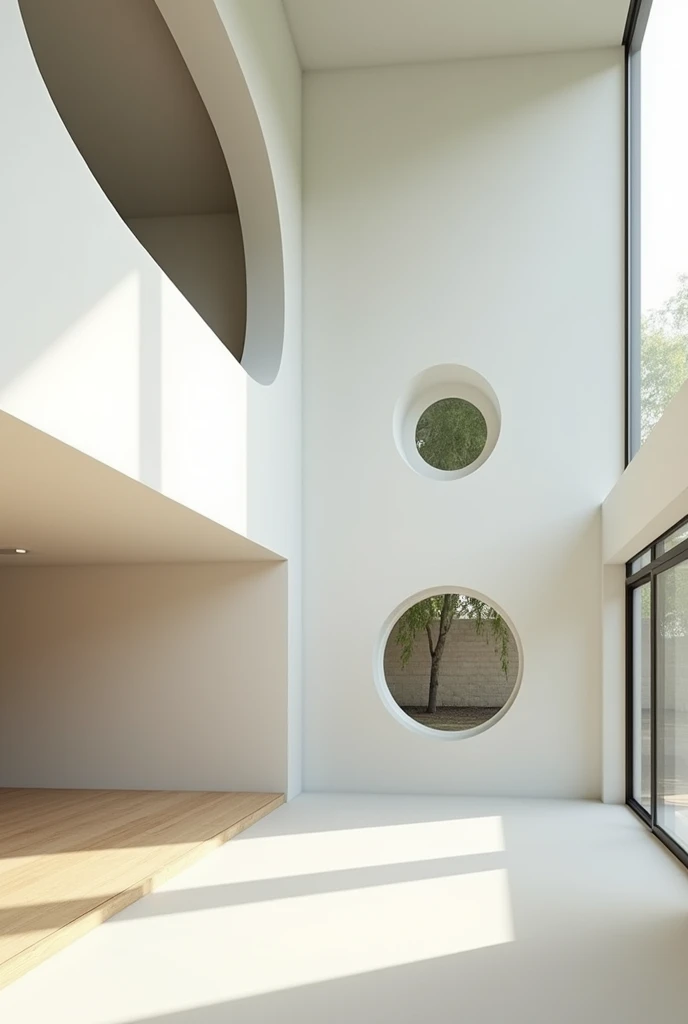 double height interior space with the wall on the left side having only one circular window that faces the patio that provides all the lighting, another medium horizontal window that joins the back wall in the corner, the third right wall has huge windows with large gaps
without furniture, do not put trees
They are three walls with a vanishing point