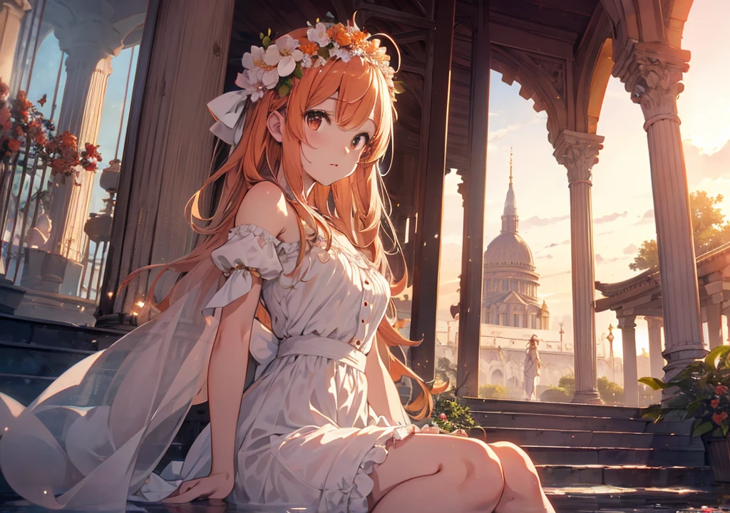 Realistic photos, Focus distance 10mm, Red and white, Beautiful girl, Realistic photos, Shooting at focus distance 10mm, masterpiece, 最high quality, high quality, Very detailed CG 8k wallpaper unit, Award-winning photography, Depth of written boundary, High resolution, bloom, chromatic aberration, Realistic, Very detailed, Art Station Trends, CGsociety Trends, Complex, High detail, dramatic, Art on the go, volumetric lighting, With a Disney-style version of the Sacré-Coeur in the background, a young girl in a pure white dress sits on the steps of the temple. She is wearing a flower crown and has an elegant expression on her face as she gazes into the distance. The temple is lit by the setting sun, bathing it in a soft orange hue