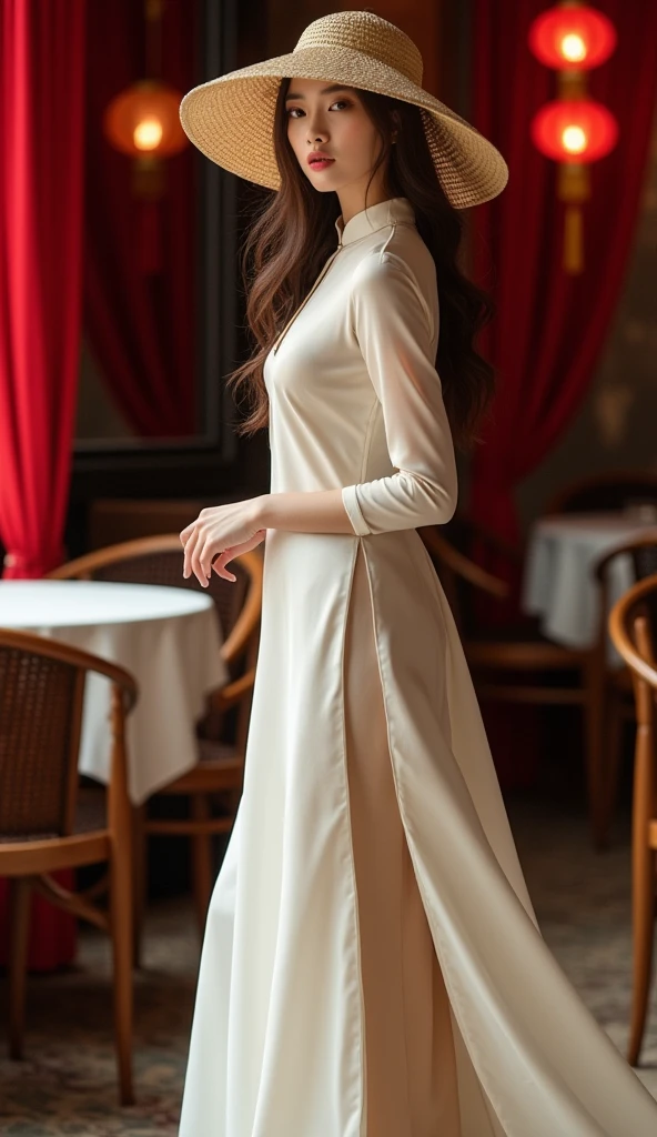 Brown-haired female model wearing a stylized outfit from Vietnamese pho. Elegant and discreet style. Wide-brimmed round hat with folded edges. White and beige split-front ao dai. Dress inside the ao dai reaching past the ankle. Luxurious setting, red curtain interior, wooden tables and chairs, red lanterns, beautiful lighting