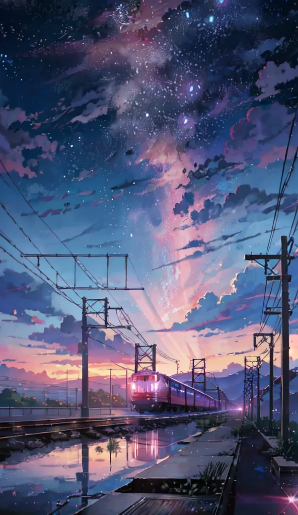 a beautiful anime train crossing scene in the sky, detailed anime landscape, intricate train tracks, stunning animated lighting and atmosphere, 4k, 8k, masterpiece, highly detailed, photorealistic, vibrant colors, cinematic composition, anime art, digital painting