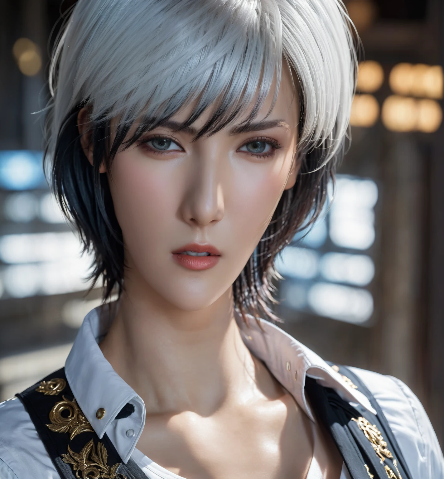 a close up of a person with a black hair and a white shirt,Lady from Devil May Cry, game cg, high detailed face, sharp high detail face