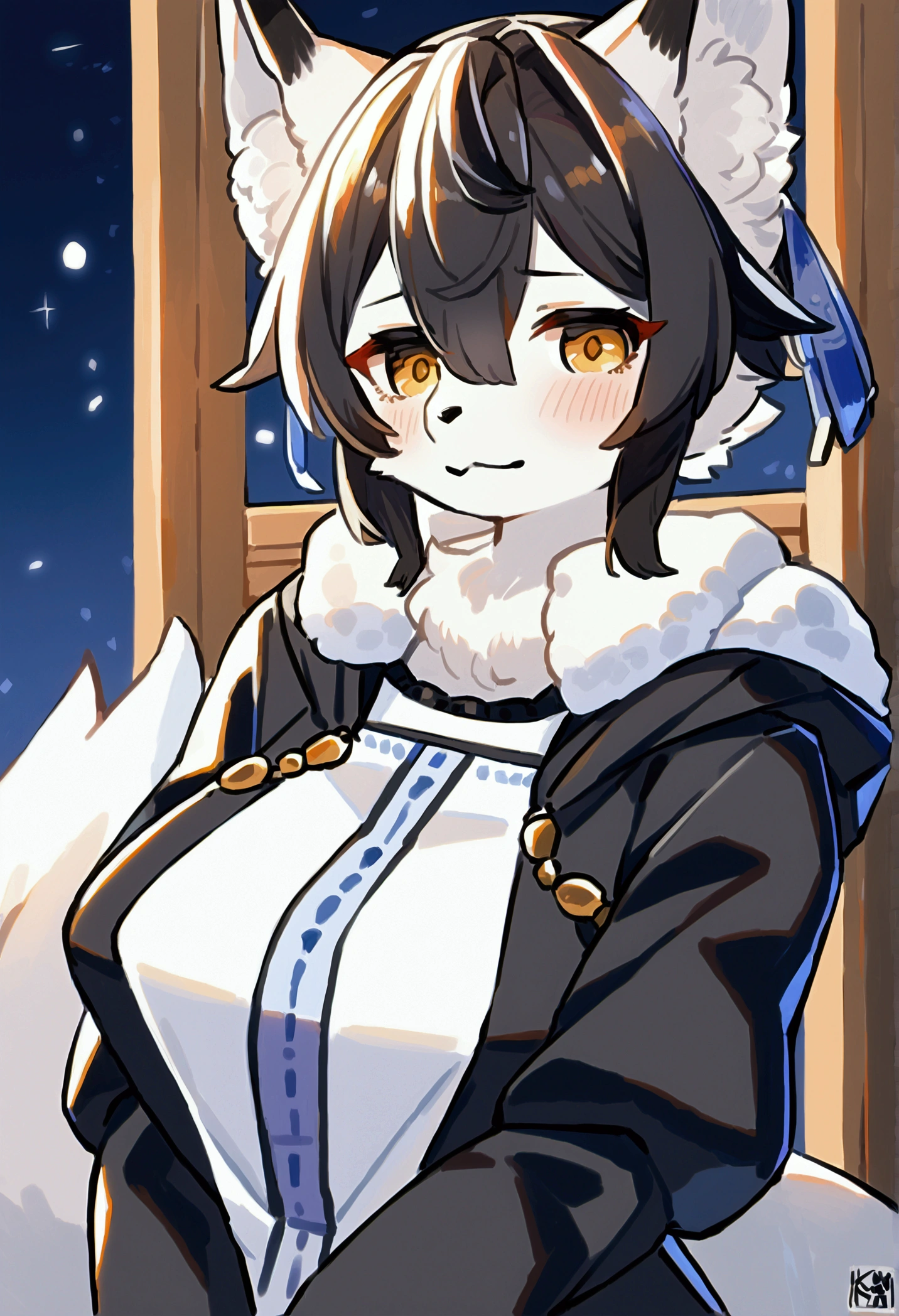 (top quality, best quality, by kawarage_yatano, High-quality illustrations, masterpiece, unreal engine, 16k, 1080p, uploaded on e621)(kemono, furry, anthro, alone), round, 1 female, hot mother figure, very detailed body face and eyes, white fox, Tiare, (Alchemy Stars), white fur, fluff, big breasts, tail, perfect eyes, yellow eyes, black hair, beautiful winter clothes, winter hoodie on, beautiful night, body movement, body twitching, shy smile, red blushing,