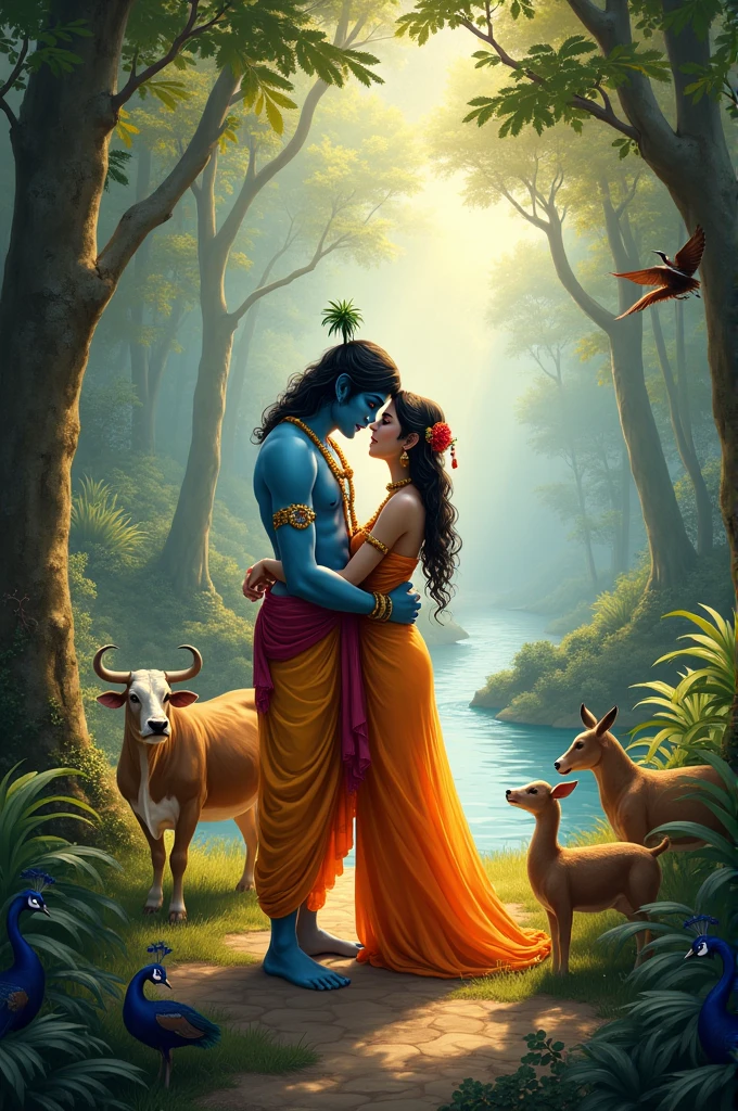 Radha Krishna image in jungle peace ful environment with cows peacock birds and other animals