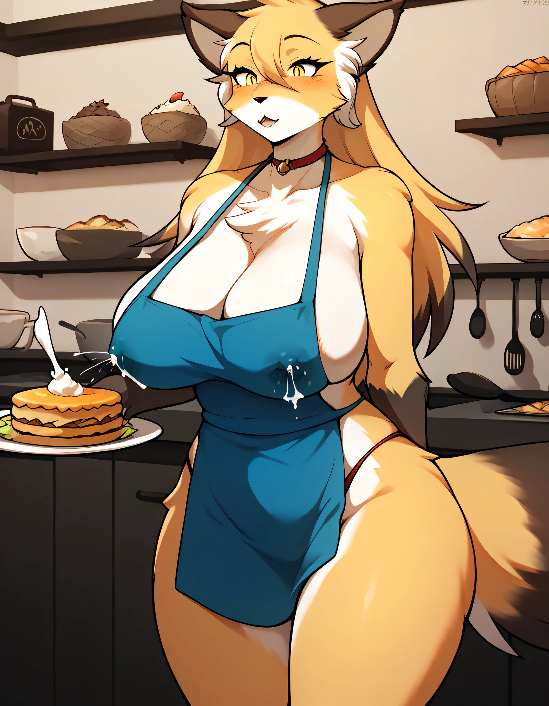 top quality, best quality, by rzminjourney, by vector-art, High-quality illustrations, masterpiece)(kemono, furry anthro)logo mark, round, female, slim body, big breasts, wide hips, clean eyes, yellow eyes, wearing a bikini with thong , climax, orange fur, zoomed out, horny, 1 character, thick thighs, apron serving food, lactation