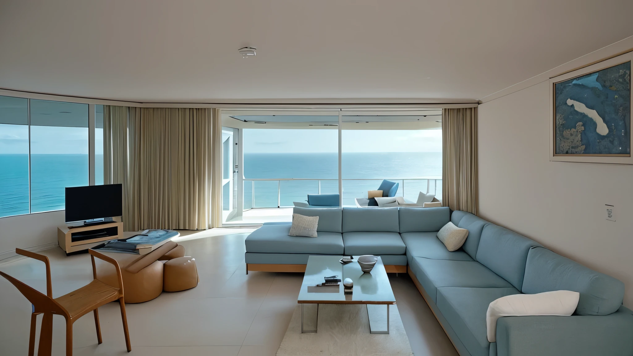 Alafid living room with sofa, coffee table, and a tv, Milton Menasco (Milton Menasco) concept art of, pixel baby, Minimalism, built around the ocean, Overlooking the sea, Sea view, beautiful interior, Next to the reflected ocean, cozy place, Comfortable and peaceful atmosphere, beautiful natural lighting, in a comfortable apartment, Small house, looking at the ocean