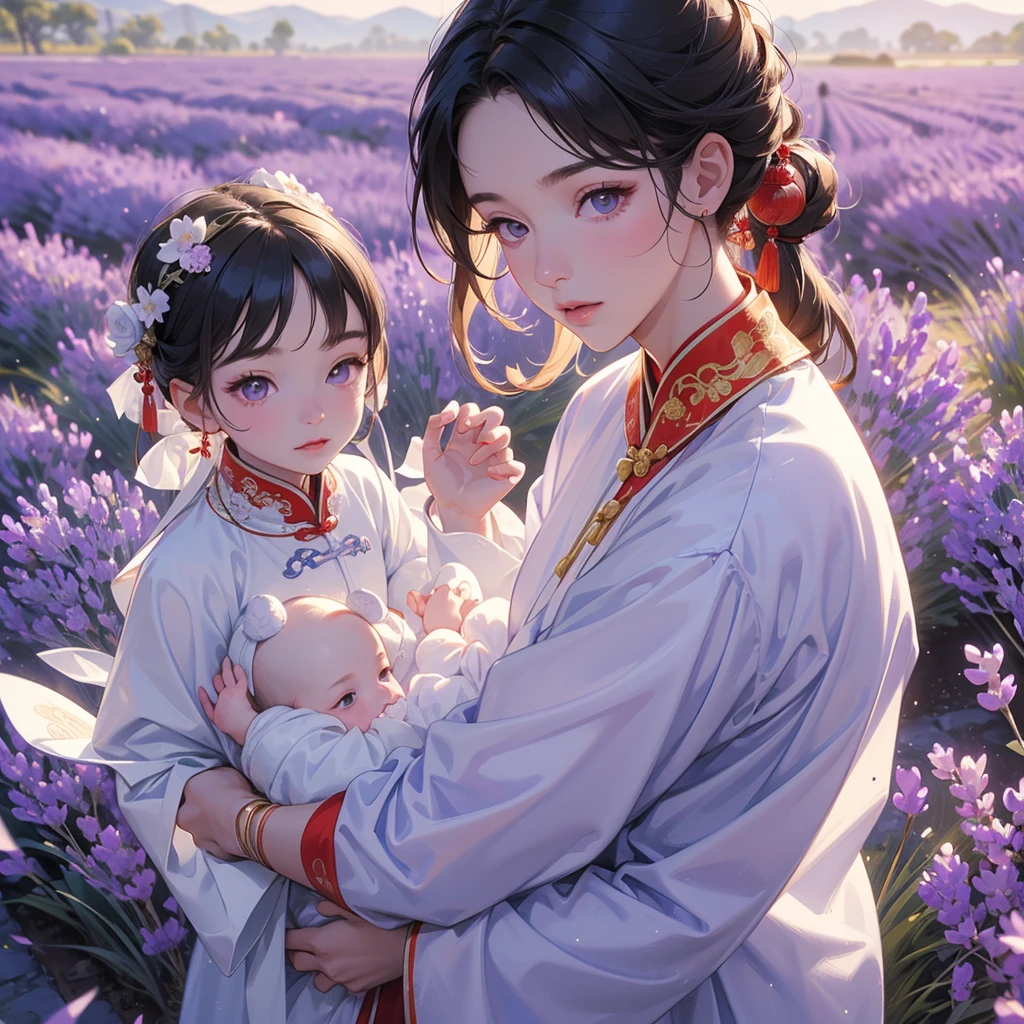 A one-year-old baby boy in an white ancient Chinese baby costume with his beautiful mother, dressed in an ancient Chinese costume, Stroll among the purple lavender fields , There are some floating clouds, playing with each other, with his handsome father standing next to his mother, close up.