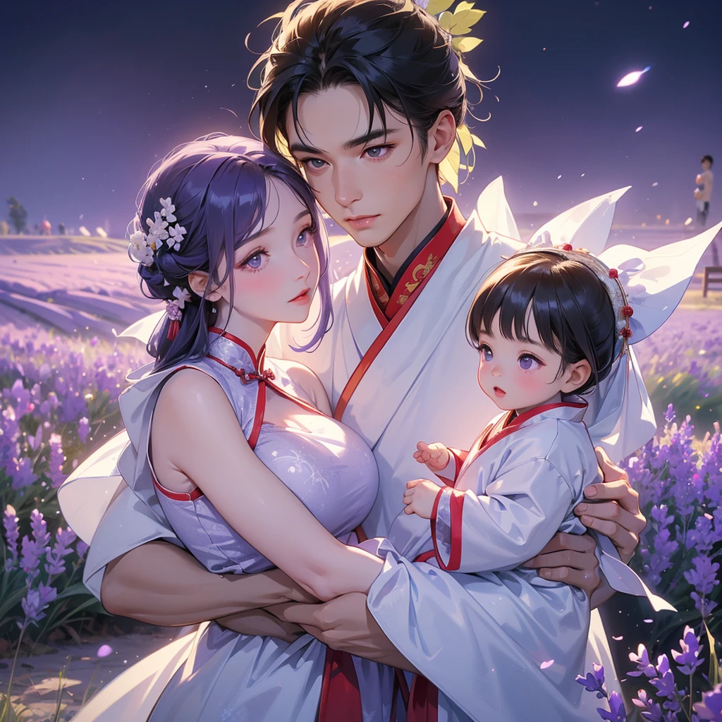A one-year-old baby boy in an white ancient Chinese baby costume with his beautiful mother, dressed in an ancient Chinese costume, Stroll among the purple lavender fields , There are some floating clouds, playing with each other, with his handsome father standing next to his mother, close up.