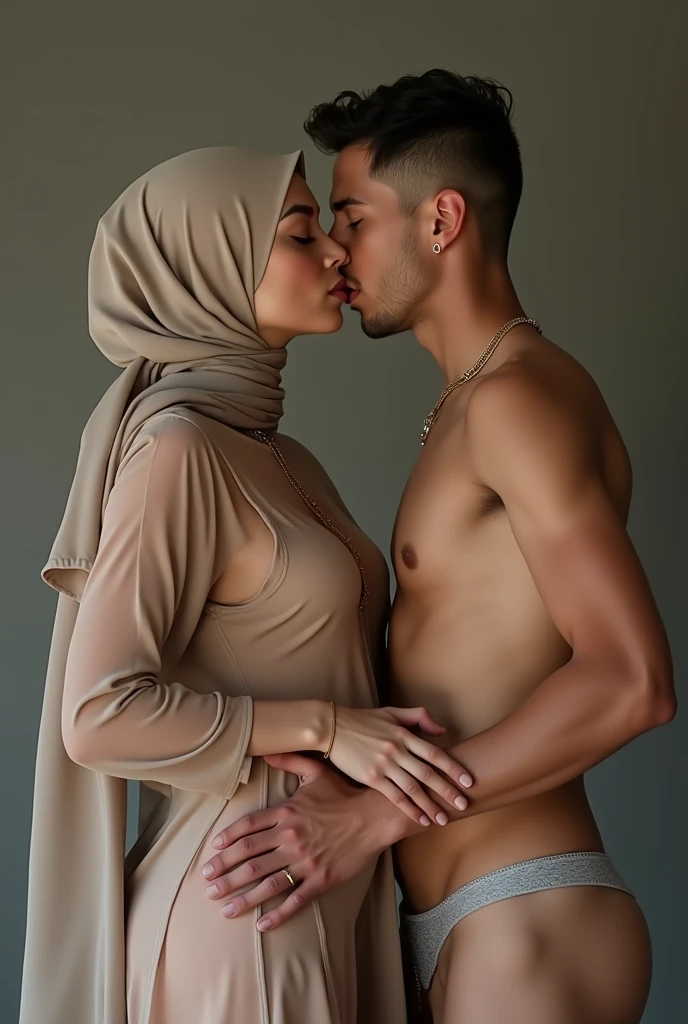 A Muslim girl with hijab from kerela big and mature naked showing nipples and vagina wearing transparent dress touching a boy zip and holding his private part tightly in her hand while he press her chest both kissing each other while grabbing ass