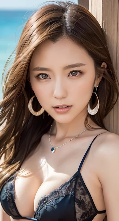 masutepiece, Best Quality, Photorealistic, Super detailed details, finely detail, High resolution, 8K Wallpaper, (1 person woman), Beautuful Women、Korean style makeup、Sharp face、a small face、Hanging eyes、taut breasts、cleavage of the breast、Light brown fluffy long hair, (Overwater cottages in the Maldives,Crystal clear sea seen from the window, Views with white sand beaches and palm trees)、Highly detailed background、sharp focus, Perfect dynamic composition, Beautiful detailed eyes, Detailed realistic skin texture, Smiling, in a street、brown pupils、Swaying earrings、 Necklace、Show armpits、large breast