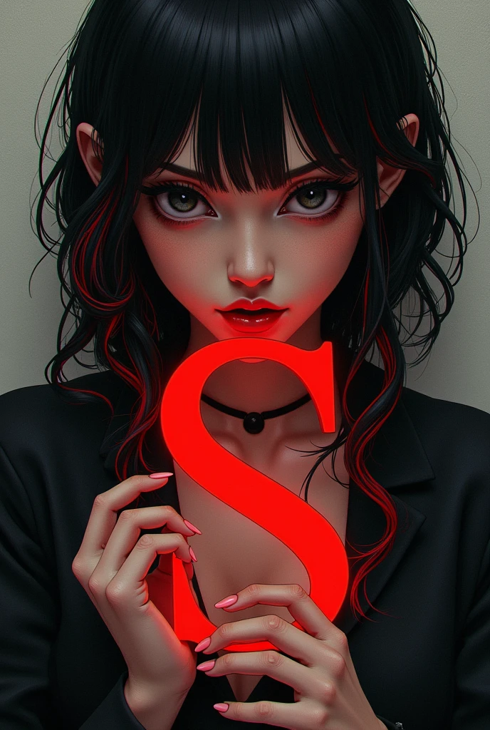 Drawing of a woman with black hair with red highlights holding the letter T and a dark-haired man holding the letter S