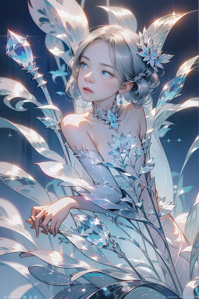 The hair is covered with beautiful and delicate floral work, Crystal Jewelry filigree,Jewelry,extreme detailed details,Beautiful aristocratic girl,Gray hair elegantly curled,(((Silver Sound))),Golden。Clear blue and purple eyes,crystal,illusion