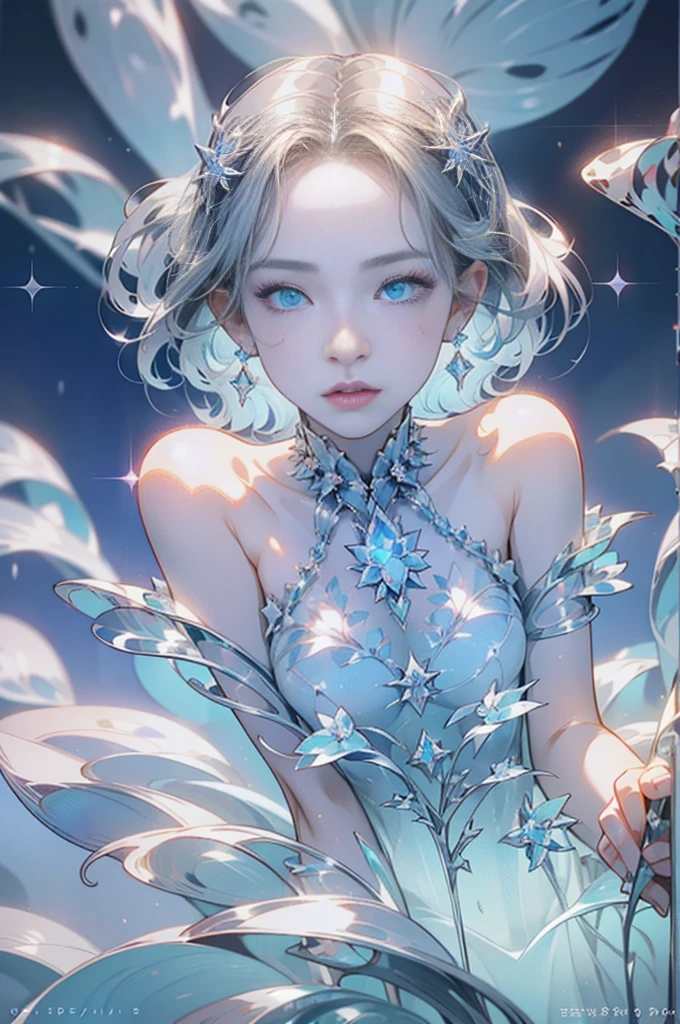 The hair is covered with beautiful and delicate floral work, Crystal Jewelry filigree,Jewelry,extreme detailed details,Beautiful aristocratic girl,Gray hair elegantly curled,(((Silver Sound))),Golden。Clear blue and purple eyes,crystal,illusion