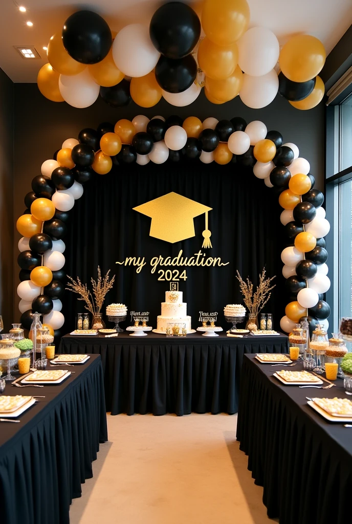 party room to celebrate the themed graduation of a medical doctor, with a black background fabric that has a design of a gold graduation cap in the center and below the design, is the word My Graduation and below the year 2024, to the side an arch of balloons in black, gold and white, in front a dessert table with various types of sweets and a cake in the center, on the sides of the main table, a tower of balloons in black, gold and white and at the top hang on both sides some welcome door banners with a black background, which say in white and gold letters 2024 and a folded diploma at the top and the other says Congratulations with a gold graduation cap at the top top, next to this table, place a table with a white tablecloth and its food warmers for the buffet, in the rest of the room place 6 large tables, some with black, white and gold tablecloths, 60 chairs, 10 for each table , each table with its centerpiece made of 7 balloons tied to a plastic support base of individual tubes and 2 black balloons and 3 gold balloons, and 2 transparent balloons with gold confetti inside the balloon, each centerpiece around the balloons It has a strip of yellow LED lights, on the ceiling it places white, black and gold balloons with various graduation designs and with gold, black and white ribbons hanging down and all the balloons glued to the ceiling.