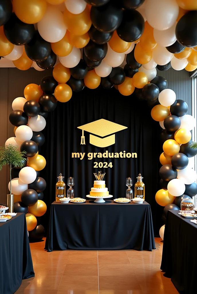 party room to celebrate the themed graduation of a medical doctor, with a black background fabric that has a design of a gold graduation cap in the center and below the design, is the word My Graduation and below the year 2024, to the side an arch of balloons in black, gold and white, in front a dessert table with various types of sweets and a cake in the center, on the sides of the main table, a tower of balloons in black, gold and white and at the top hang on both sides some welcome door banners with a black background, which say in white and gold letters 2024 and a folded diploma at the top and the other says Congratulations with a gold graduation cap at the top top, next to this table, place a table with a white tablecloth and its food warmers for the buffet, in the rest of the room place 6 large tables, some with black, white and gold tablecloths, 60 chairs, 10 for each table , each table with its centerpiece made of 7 balloons tied to a plastic support base of individual tubes and 2 black balloons and 3 gold balloons, and 2 transparent balloons with gold confetti inside the balloon, each centerpiece around the balloons It has a strip of yellow LED lights, on the ceiling it places white, black and gold balloons with various graduation designs and with gold, black and white ribbons hanging down and all the balloons glued to the ceiling.