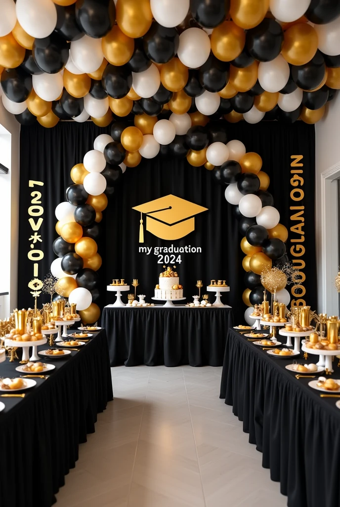 party room to celebrate the themed graduation of a medical doctor, with a black background fabric that has a design of a gold graduation cap in the center and below the design, is the word My Graduation and below the year 2024, to the side an arch of balloons in black, gold and white, in front a dessert table with various types of sweets and a cake in the center, on the sides of the main table, a tower of balloons in black, gold and white and at the top hang on both sides some welcome door banners with a black background, which say in white and gold letters 2024 and a folded diploma at the top and the other says Congratulations with a gold graduation cap at the top top, next to this table, place a table with a white tablecloth and its food warmers for the buffet, in the rest of the room place 6 large tables, some with black, white and gold tablecloths, 60 chairs, 10 for each table , each table with its centerpiece made of 7 balloons tied to a plastic support base of individual tubes and 2 black balloons and 3 gold balloons, and 2 transparent balloons with gold confetti inside the balloon, each centerpiece around the balloons It has a strip of yellow LED lights, on the ceiling it places white, black and gold balloons with various graduation designs and with gold, black and white ribbons hanging down and all the balloons glued to the ceiling.
