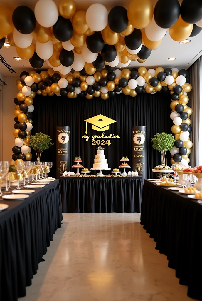 party room to celebrate the themed graduation of a medical doctor, with a black background fabric that has a design of a gold graduation cap in the center and below the design, is the word My Graduation and below the year 2024, to the side an arch of balloons in black, gold and white, in front a dessert table with various types of sweets and a cake in the center, on the sides of the main table, a tower of balloons in black, gold and white and at the top hang on both sides some welcome door banners with a black background, which say in white and gold letters 2024 and a folded diploma at the top and the other says Congratulations with a gold graduation cap at the top top, next to this table, place a table with a white tablecloth and its food warmers for the buffet, in the rest of the room place 6 large tables, some with black, white and gold tablecloths, 60 chairs, 10 for each table , each table with its centerpiece made of 7 balloons tied to a plastic support base of individual tubes and 2 black balloons and 3 gold balloons, and 2 transparent balloons with gold confetti inside the balloon, each centerpiece around the balloons It has a strip of yellow LED lights, on the ceiling it places white, black and gold balloons with various graduation designs and with gold, black and white ribbons hanging down and all the balloons glued to the ceiling.