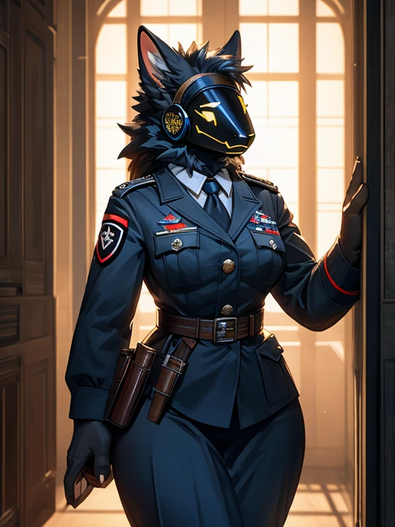 Hairy Protogen, Wide hips, stomach, beautiful, muscular, spongy, Hairy details, female,in German Nazi uniform from World War II, steel home, nazi ss uniform, German militia firearms