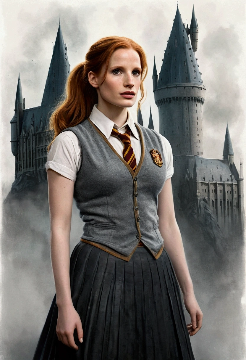 An illustrated movie poster, hand-drawn, full color, a female Hogwarts student, 18 years old, wearing a charcoal vest and a pleated skirt, tall, toned, amazonian stature, athletic hourglass figure, full wide hips, massive round butt, long shapely legs, ridiculously thick powerful thighs, deep dark auburn hair, messy ponytail, flushed sun-kissed complexion, freckles, resembles Jessica Chastain, standing in front of Hogwarts Castle, surrounded by mist, graphite shading, stencil marks, airbrushed acrylic paint, masterpiece, in the Deathly Hallows