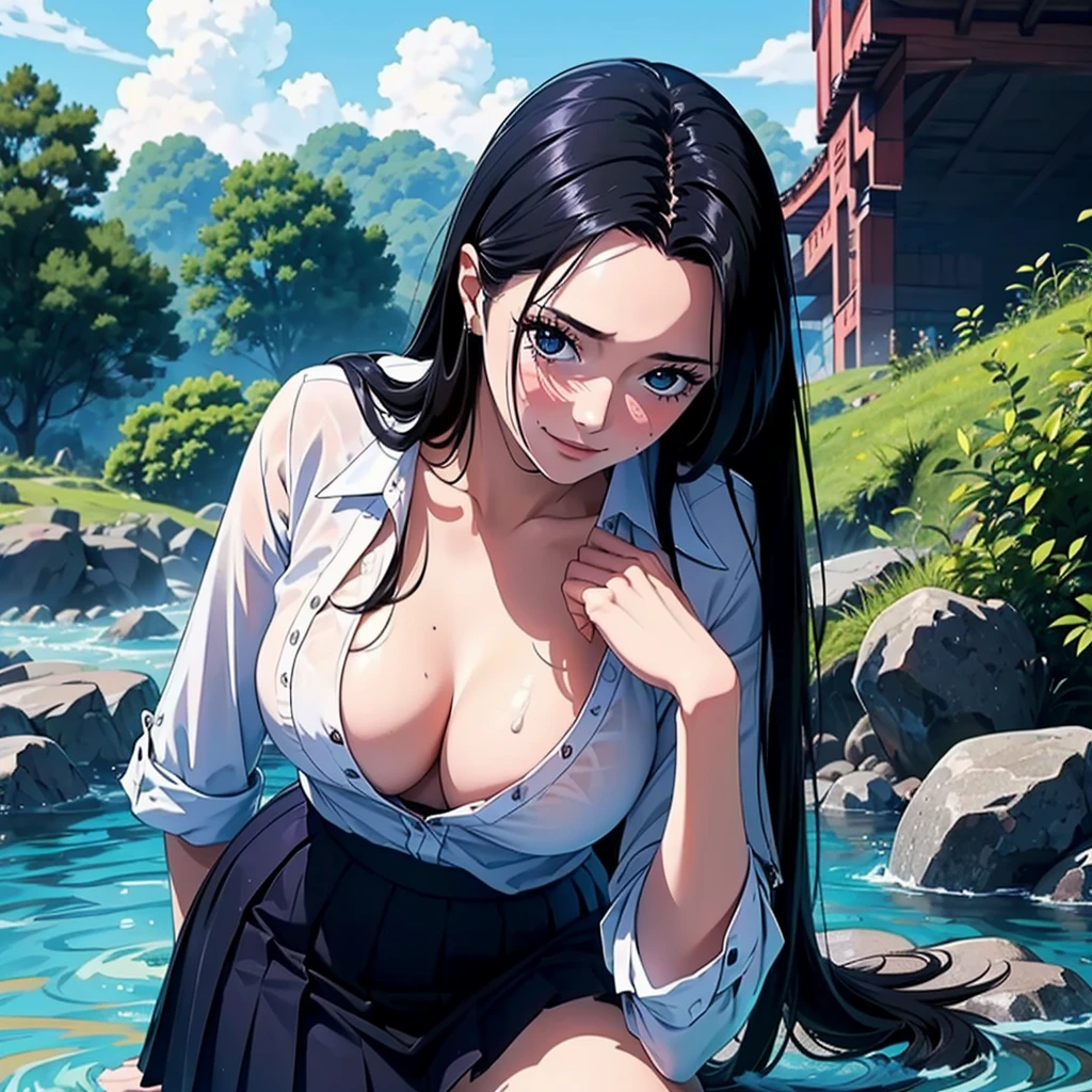 1girl, Boa hancock, (masterpiece:1.2, Highest quality), (Realistic photos), Beautiful illustrations, (Natural side lighting, Cinema lighting),1 person, Japanese, 20-year-old female, Perfect Face, Symmetrical cute face, Glowing Skin, (Black Hair、Straight Long Hair)、Flowing bangs, Dark blue eyes, Long eyelashes, (Large Breasts:1.4), Slender build, Beautiful Hair, Beautiful Face, Fine and beautiful eyes, Beautiful body, Beautiful breasts, (White collared shirt、Small black ribbon、Navy blue pleated skirt),smile、Blushing、stand、river、bridge、blue sky、White cloud、Sweating