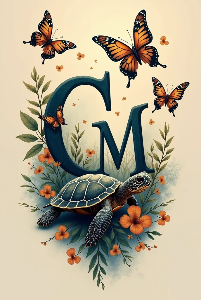 Tattoo with the letter C and M surrounded by butterflies and a baby turtle