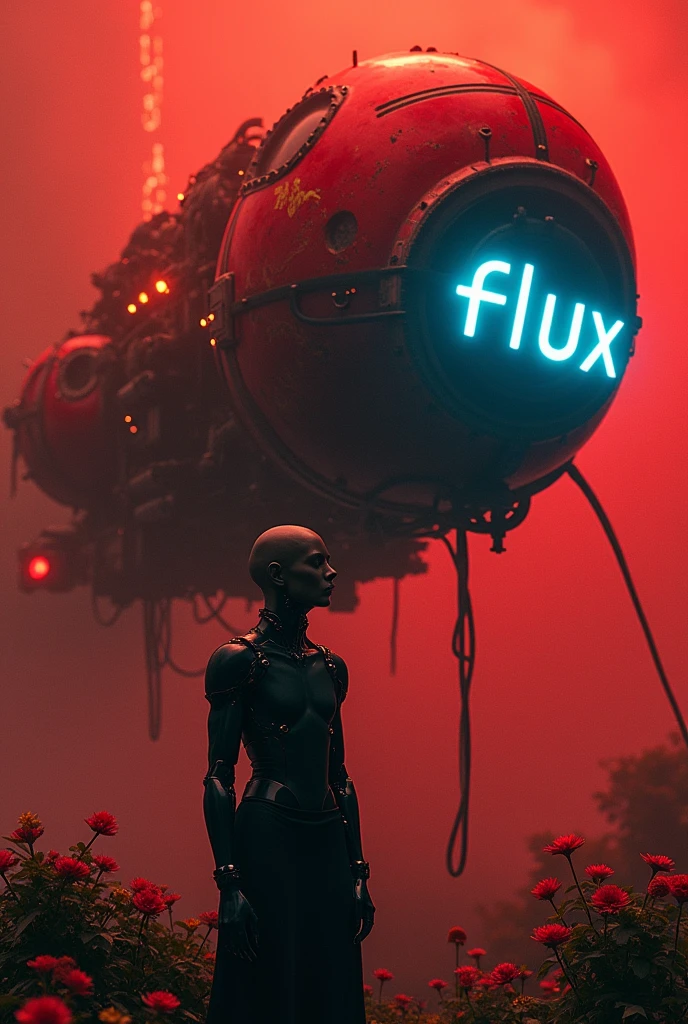 In a dimly lit, crimson-hued background, a cyberpunk spacecraft with a half-robot face floats serenely in space. The spacecraft's surface features intricate mechanical parts, wires, and cables, with a vibrant red and gold Dragonball-like pattern on its back. A close-up shot captures the details of the spacecraft's robotic visage, with a subtle crepuscular glow emanating from within.
In the foreground, a bald figure with black skin and a cybernetic arm holds up a mechanical fist, adorned with glowing blue lines spelling out the word flux. The atmosphere is heavy with atmospheric haze, film grain, and cinematic lighting, creating an ultra-realistic and photorealistic scene. A shallow depth of field and dynamic camera angle draw attention to the spacecraft's intricate details and the subject's striking cybernetic arm.
Flowers scattered around the figure add a touch of natural elegance, while the overall mood is moody and epic, evoking a sense of cinematic grandeur. The image exudes a high-budget feel, reminiscent of 2000s vintage RAW photography with its deep blacks and vibrant colors.