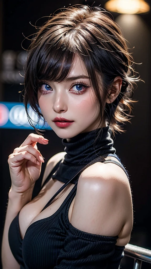 ((Beautiful Face:1.4)),cyber punk edgerunners, One person, Nozomi (cyber punk), Exposing shoulders, blue eyes, chest, leotard, View your viewers, medium chest, Off the shoulderジャケット, Off the shoulder, Red eyeliner, short hair, sleeveless turtleneck leotard, alone, turtleneck leotard, Gray Hair, ((masterpiece)) (Highest quality, masterpiece),((Saggy big breasts:1.0))