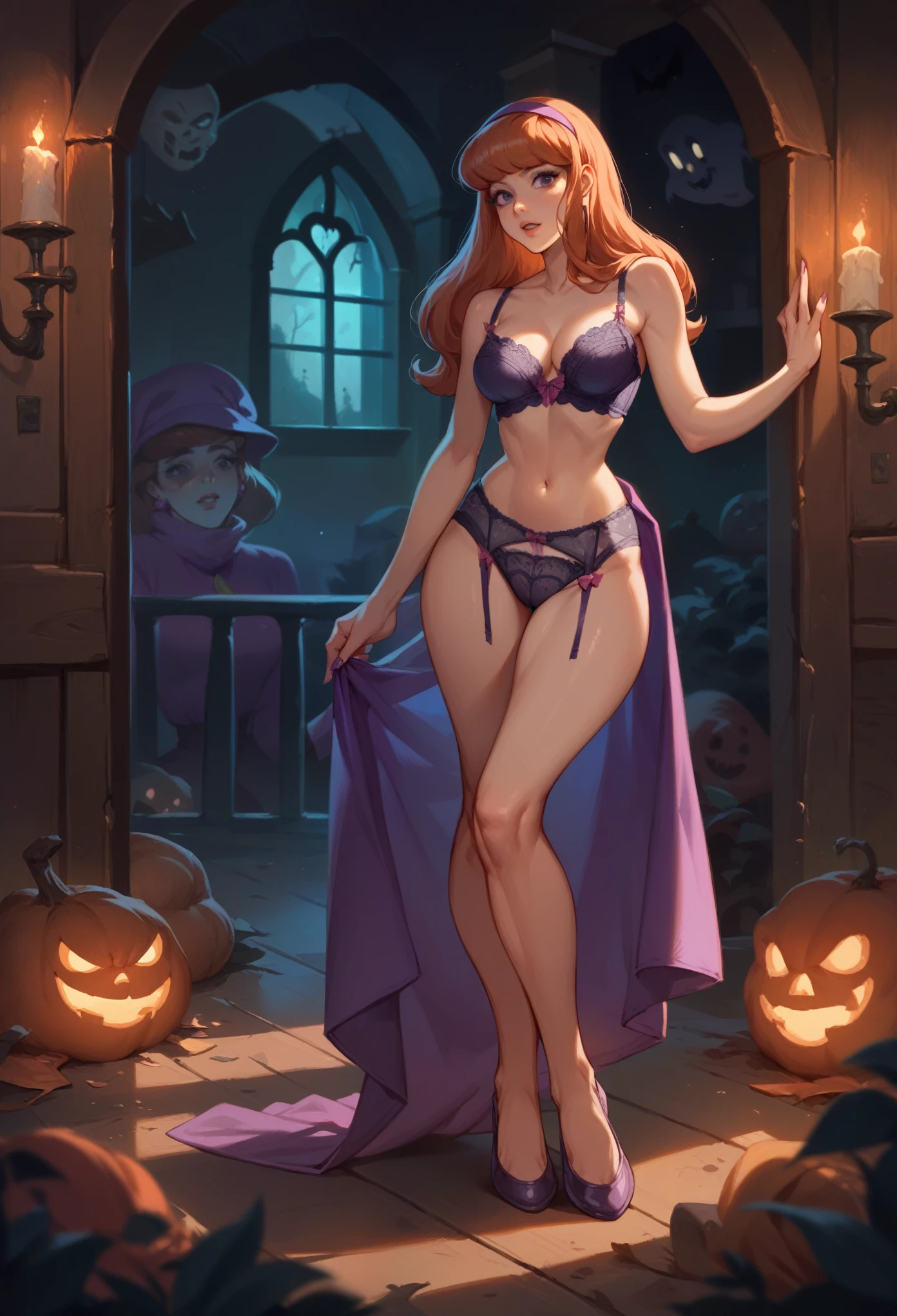 (Daphne Blake, lingerie), full body, in a spooky haunted house