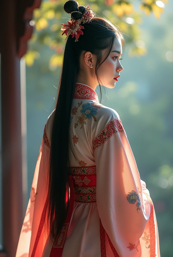 1girl.solo,hanfu,chinese clothing,(backside:1.2),photograph, masterpiece, photo realism,best quality, super high resolution, raw photo, photo shoot, professional, amazing detail, colorful, surrealism, masterpiece, best quality, HDR, viewpoint, highest quality, Sharp Focus, Digital Art Rendering, 8K,