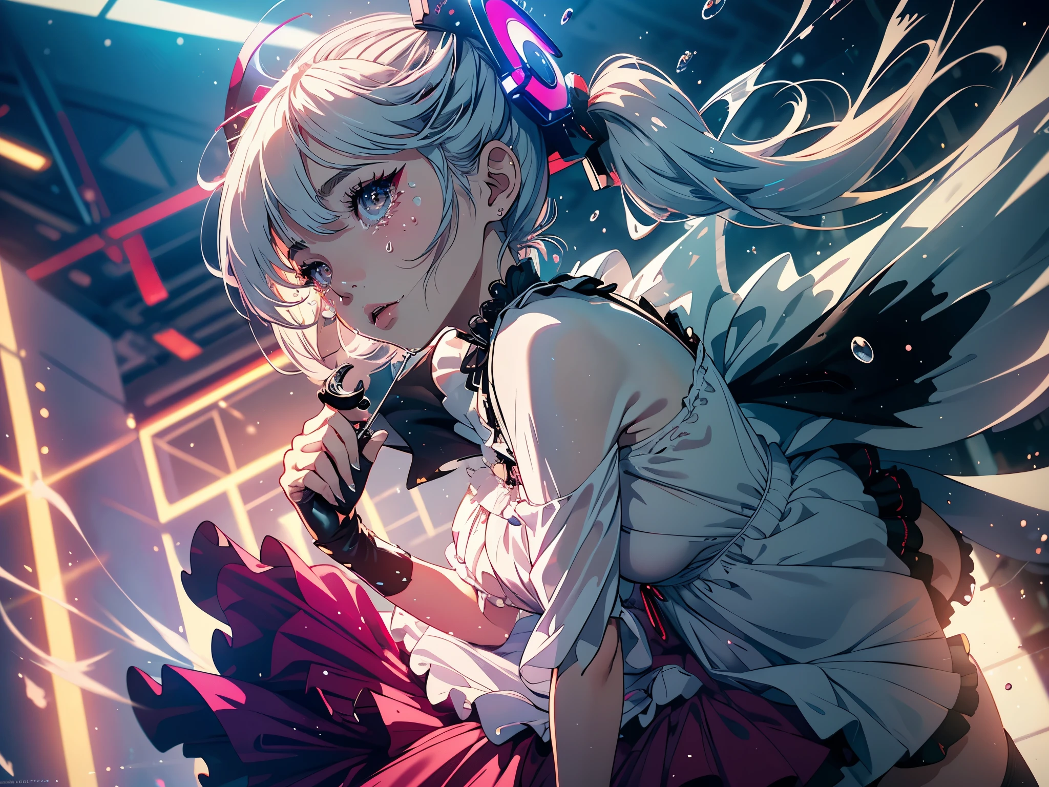Hair shaking, victory, Long eyelashes, Solid round eye, A faint smile, ear blush, direction, (White hair), cosmetic, blush, sad, sad smile, shadow, Relief, Atmospheric perspective, 8K, Super Detail, precise, best quality, (Cyberpunk), Movie Lighting, masterpiece,(1 Girl), ((((Short twin tails)))), Colorful hair, flight, Pink bow,((Female Model)), (Angel Halo), ((( wing ))), bold, striking, fashionable, panoramic, Eye level shot, tiling from below,, (((ta dress))), (((Wide-angle lens))), (((( Splash of Color )))),8k,Ultra-clear