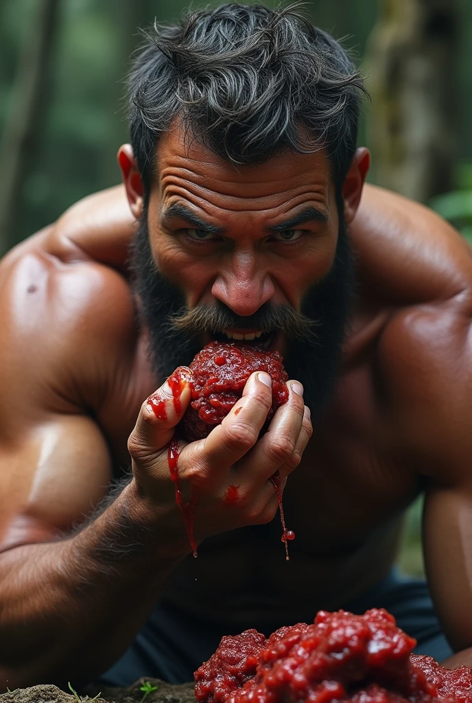 handsome bearded man eats raw meat