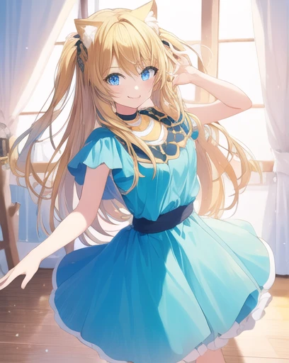(masterpiece, best quality),1girl with long blond hair, cat ears, dance pose, blue eyes, idol girl, singer, cute green and light blue dress, mini skirt (smile 6)