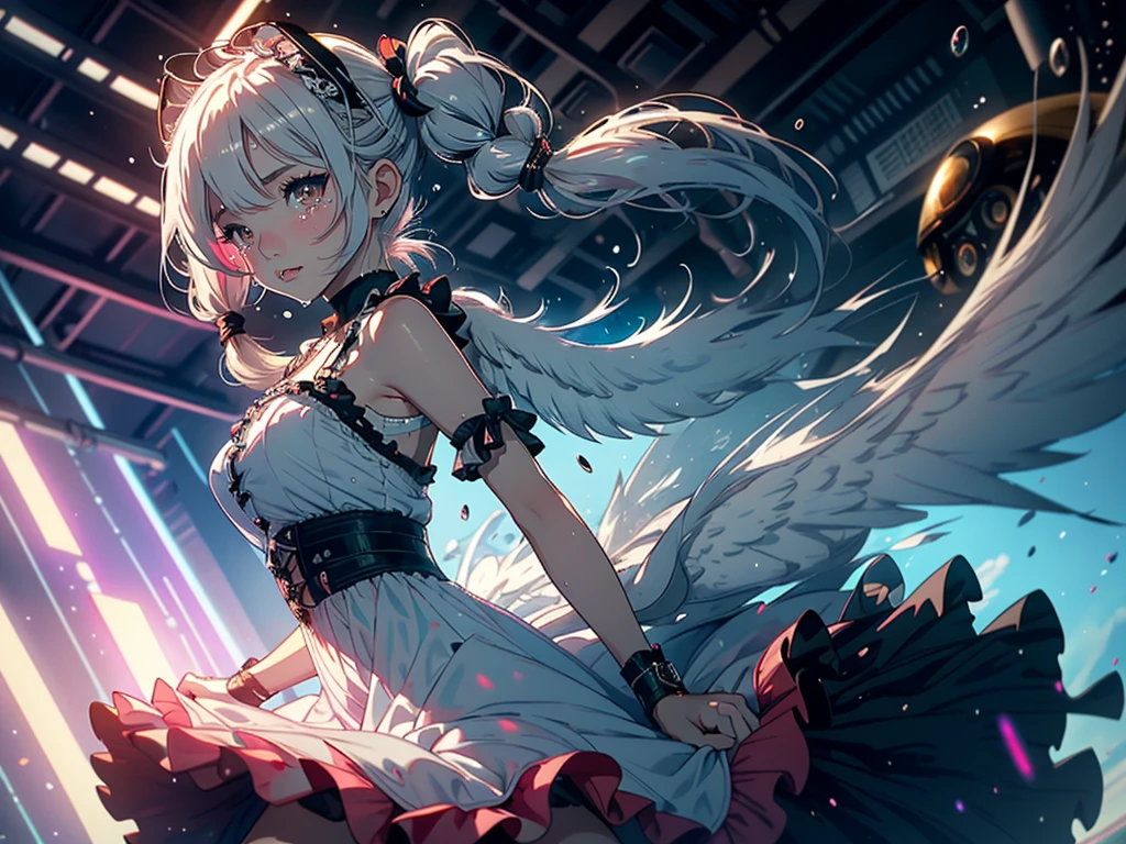 Hair shaking, victory, Long eyelashes, Solid round eye, A faint smile, ear blush, direction, (White hair), cosmetic, blush, sad, sad smile, shadow, Relief, Atmospheric perspective, 8K, Super Detail, precise, best quality, (Cyberpunk), Movie Lighting, masterpiece,(1 Girl), ((((Short twin tails)))), Colorful hair, flight, Pink bow,((Female Model)), (Angel Halo), ((( wing ))),  bold, striking, fashionable,  panoramic, Eye level shot, tiling from below,, (((Lolita dress))), (((Wide-angle lens))), (((( Splash of Color )))),8k,Ultra-clear