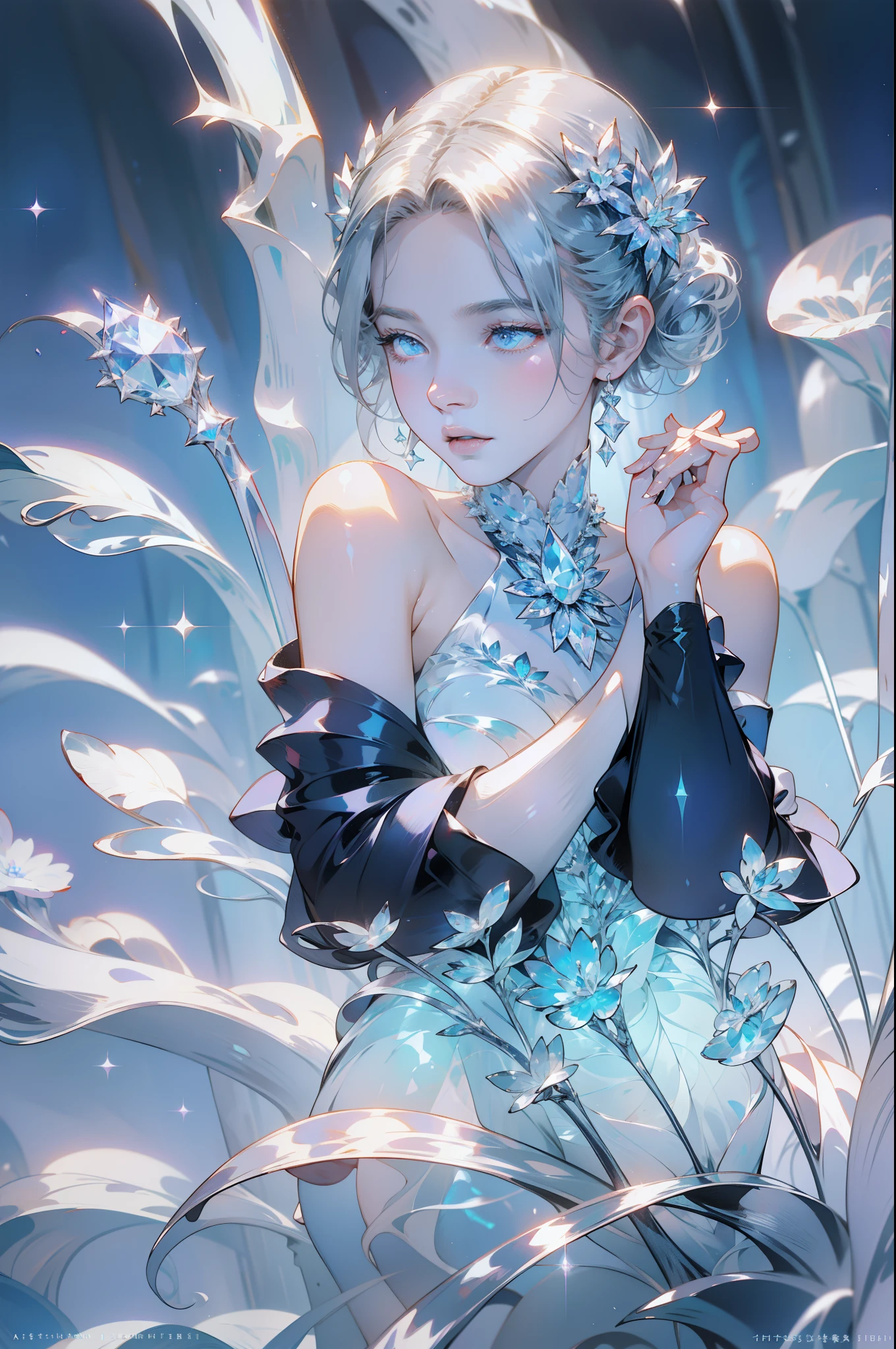 The hair is covered with beautiful and delicate floral work, Crystal Jewelry filigree,Jewelry,extreme detailed details,Beautiful aristocratic girl,Gray hair elegantly curled,(((Silver Sound))),Golden。Clear blue and purple eyes,crystal,illusion
