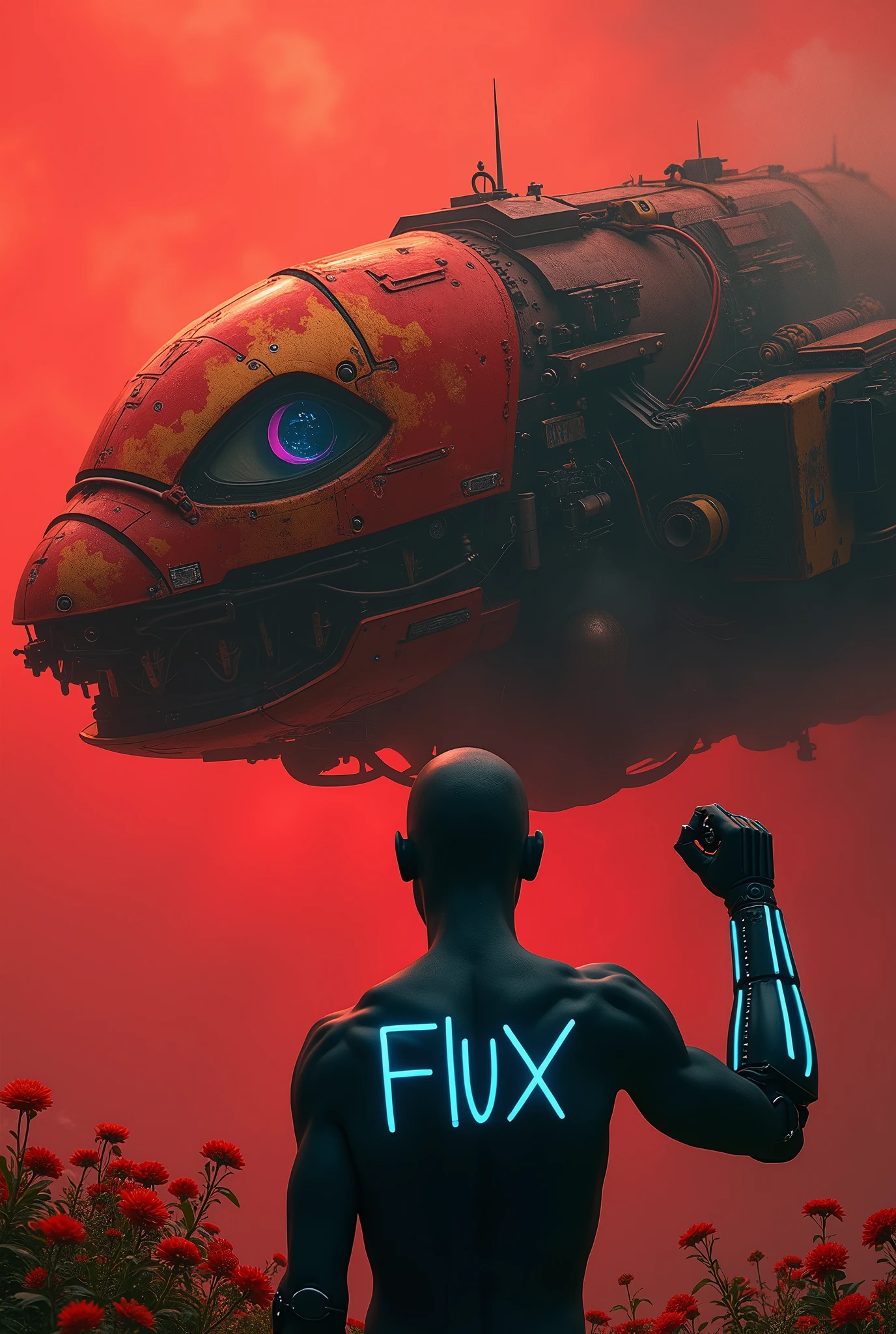 In a dimly lit, crimson-hued background, a cyberpunk spacecraft with a half-robot face floats serenely in space. The spacecraft's surface features intricate mechanical parts, wires, and cables, with a vibrant red and gold Dragonball-like pattern on its back. A close-up shot captures the details of the spacecraft's robotic visage, with a subtle crepuscular glow emanating from within.
In the foreground, a bald figure with black skin and a cybernetic arm holds up a mechanical fist, adorned with glowing blue lines spelling out the word flux. The atmosphere is heavy with atmospheric haze, film grain, and cinematic lighting, creating an ultra-realistic and photorealistic scene. A shallow depth of field and dynamic camera angle draw attention to the spacecraft's intricate details and the subject's striking cybernetic arm.
Flowers scattered around the figure add a touch of natural elegance, while the overall mood is moody and epic, evoking a sense of cinematic grandeur. The image exudes a high-budget feel, reminiscent of 2000s vintage RAW photography with its deep blacks and vibrant colors.