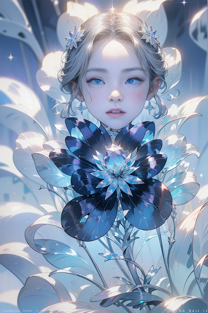 The hair is covered with beautiful and delicate floral work, Crystal Jewelry filigree，Jewelry，extreme detailed details，Beautiful aristocratic girl，Gray hair elegantly curled，(((Silver Sound)))，Golden。Clear blue and purple eyes，crystal，illusion