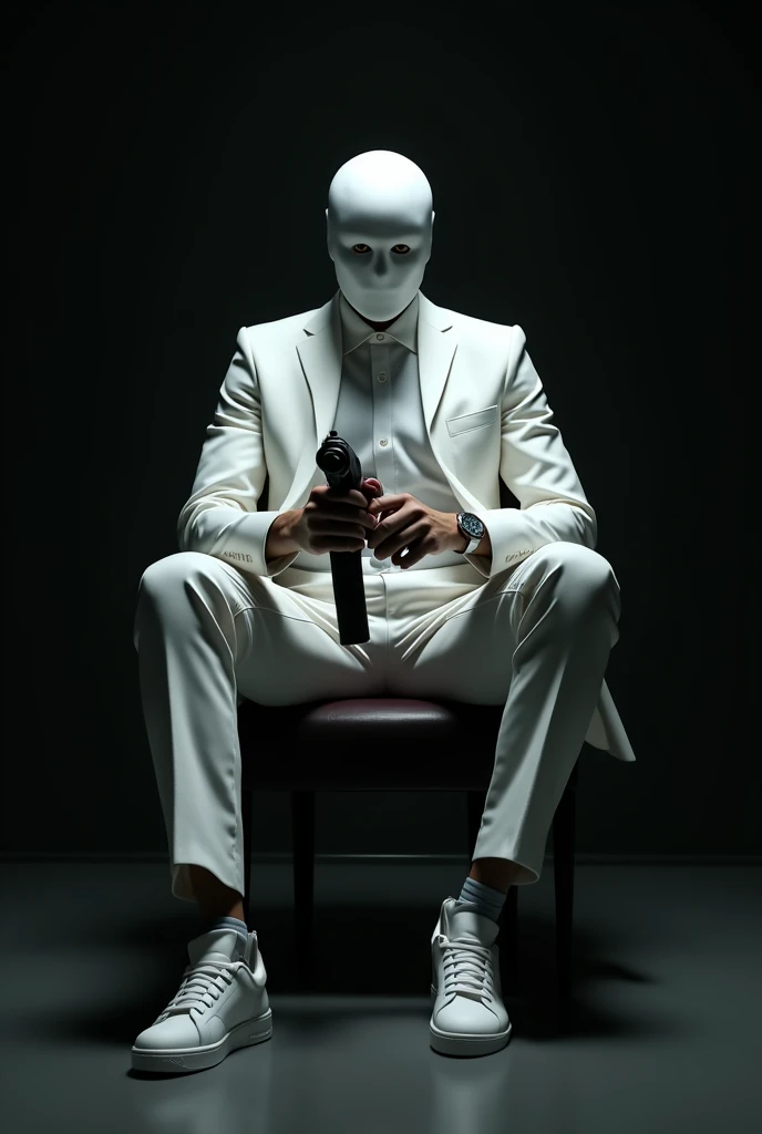 A man holding a gun Wearing white blazer, white pant and white mask sitting on chair in a black room