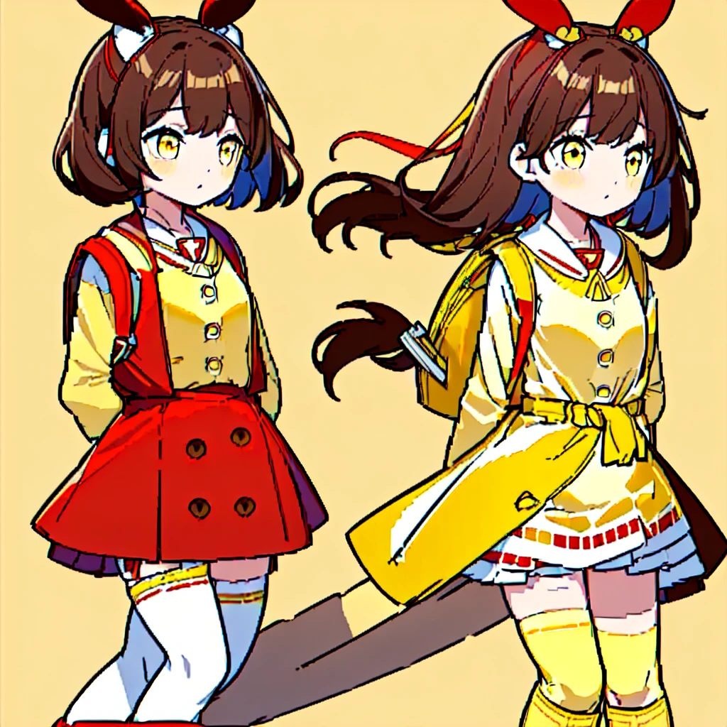 1girl,(((Perfect Anatomy、Highest quality、Masterpiece、Official Art、Super detailed、Dynamic structure、Anime Style)))、Elementary school students、((((Red dress with large yellow buttons around the waist、White Y-shirt、Red on the neck🎀、White knee-high socks、Brown Loafers、Carrying a red backpack:1.8)))、A soprano recorder is visible from the school bag.、Being buffeted by strong winds、Image from above、Strong wind blowing from the viewer's side、Strong wind blowing from the direction of travel, hair blowing back、(((Yellow simple background:1.4)))、Black Hair、storm、