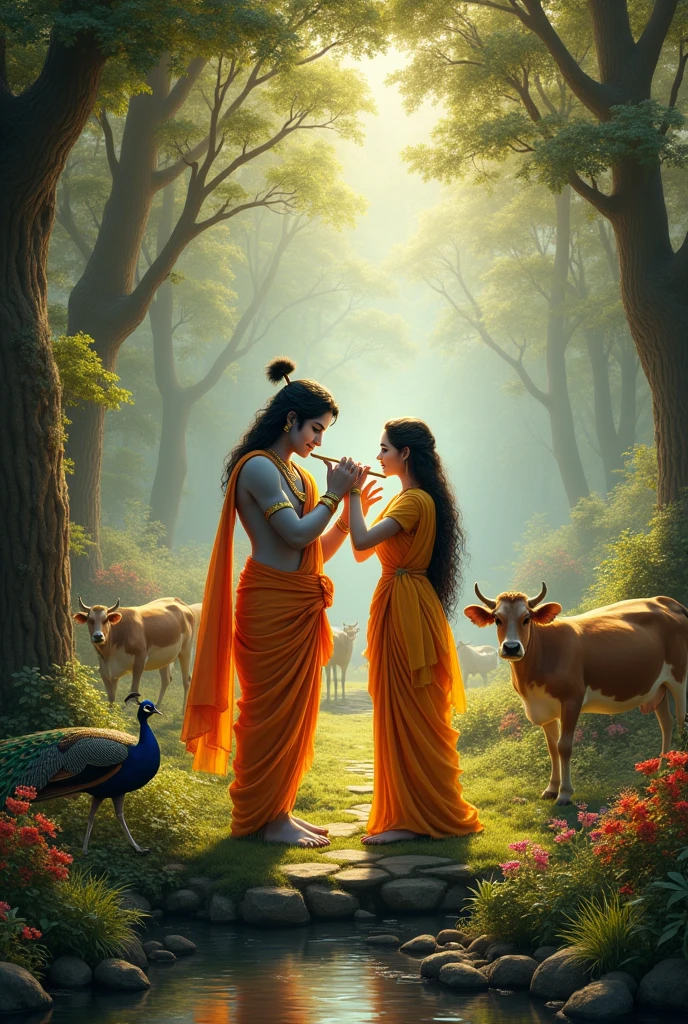Radha Krishna image in jungle peace ful environment with cows peacock birds and other animals playing flute