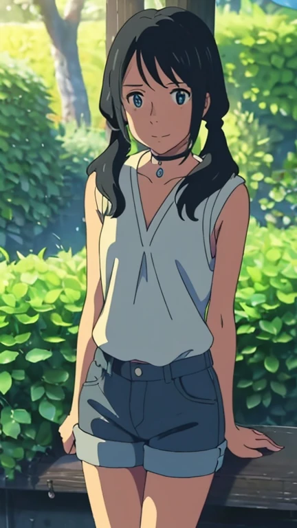 (1girl, solo, highly insanely detailed, masterpiece, top quality, best quality, highres, 4k, 8k, RAW photo),((innocent look)),((Childish)),From the front, symmetrical composition,smile,cute,Innocent,Kind eyes, kotonoha no niwa, park,flowers,lawn,trees, The Garden of Words, (amano_hina, 1 girl, solo), upper body, twin tails, long black hair, blue eyes,black choker,white sleeveless jacket,denim shorts, bare shoulders,